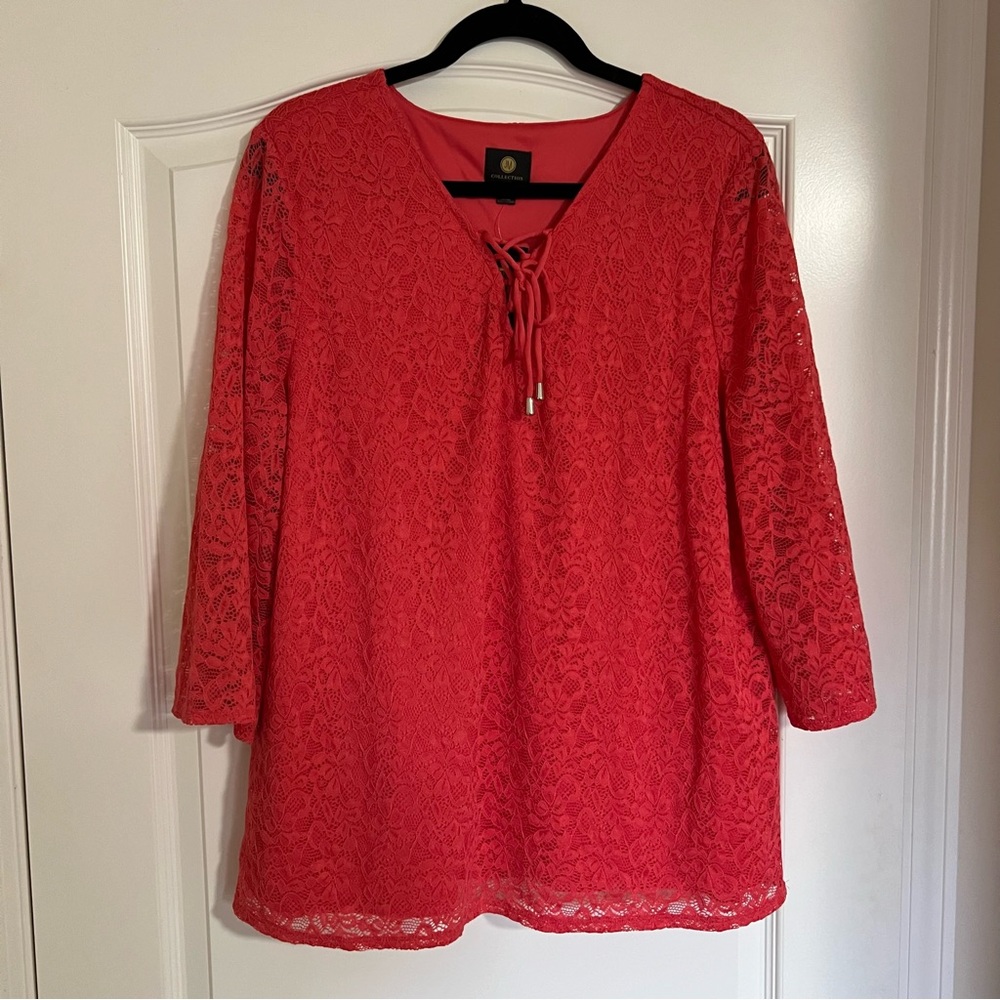 JM Collection Women’s Coral Long-Sleeve Lace Blouse with Tie-Up Front (Size XL)